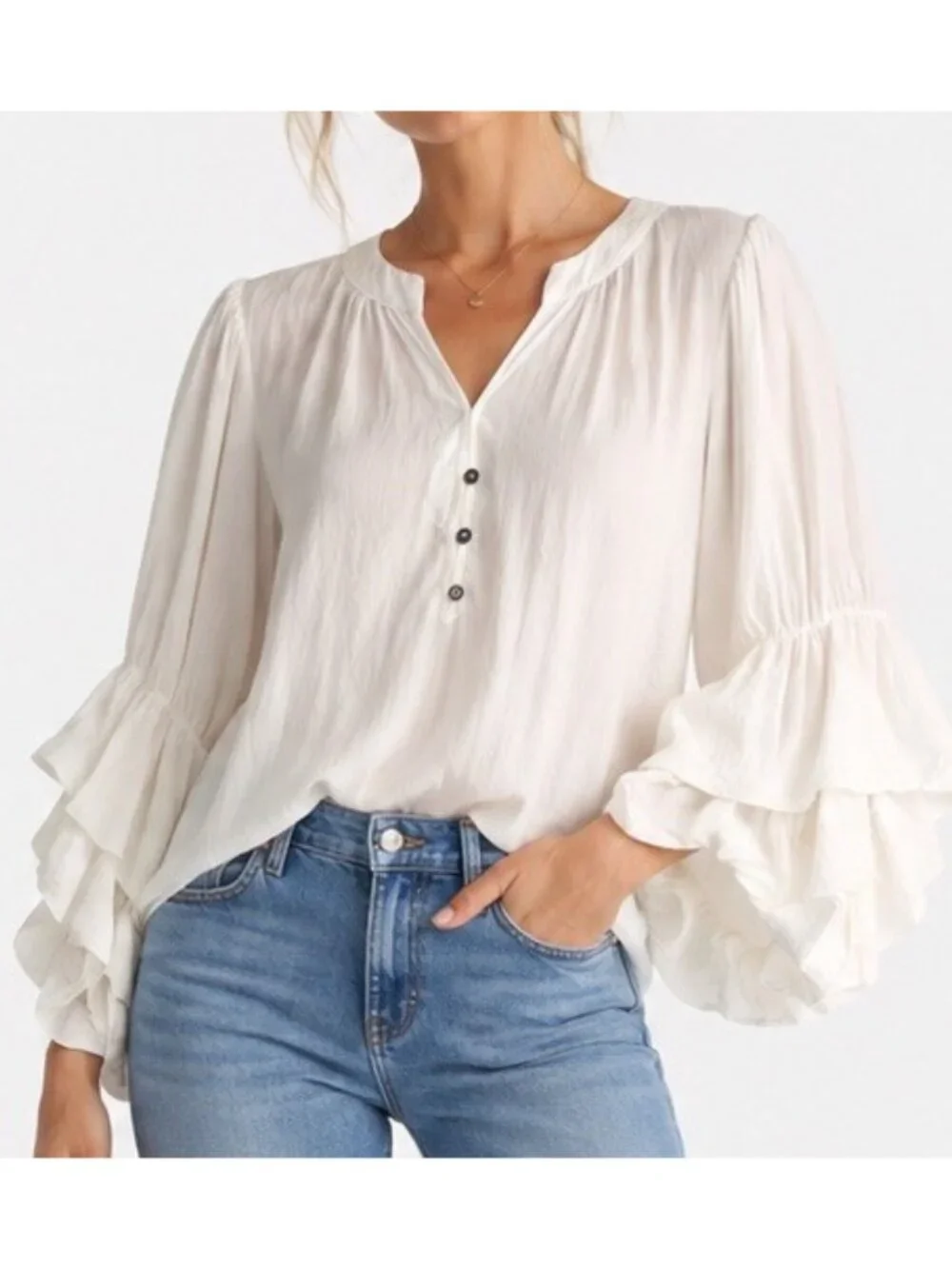 NEW Anthropologie Ruffle Tiered Puff Sleeve Blouse Top White Cottagecore Fairy - Picture 2 of 7